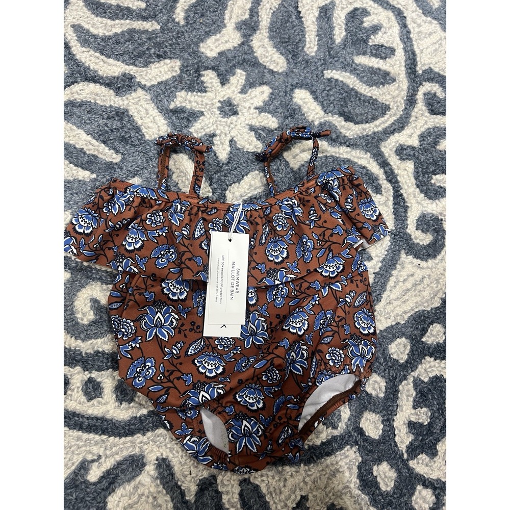 Janie and Jack Blue Brown Ruffle Floral Swimsuit One Piece 0-3 Months NWT